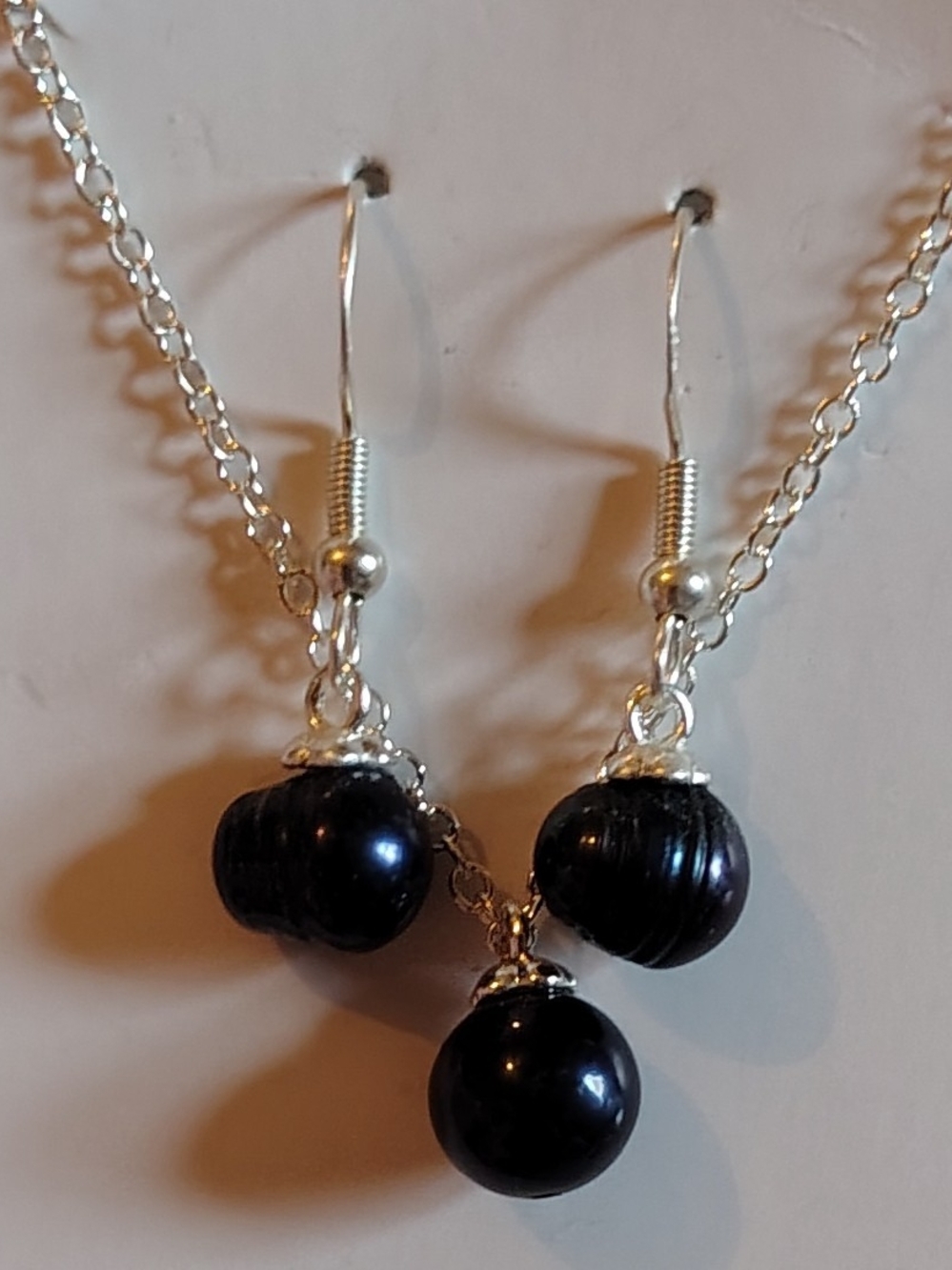 Pearl Black Bead Necklace and Hook Earrings Set